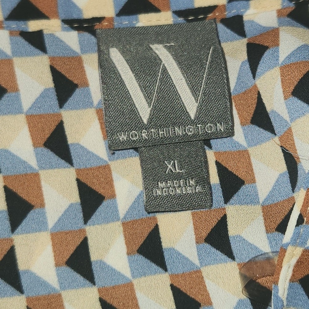 Worthington Womens XL Geometric Triangle Print Button Down Blouse Blue Tan Black - Picture 5 of 7